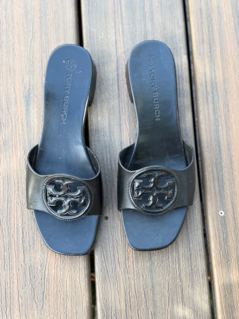Tory Burch Black Leather Logo Low Heel Slide Sandals Size 9